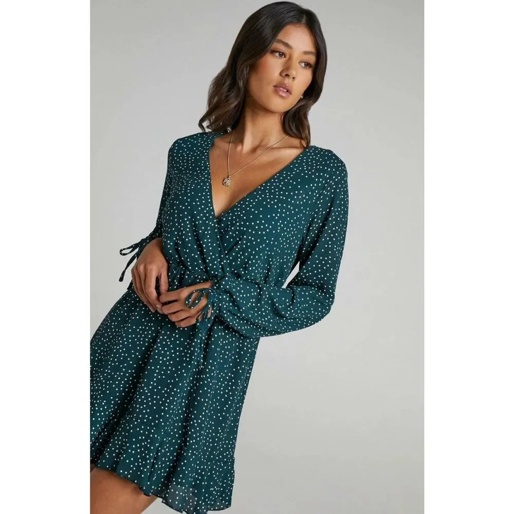 Showpo. Mini Dress Keep it Smart Long Sleeve in Emerald Spot Polka Dot Size 14